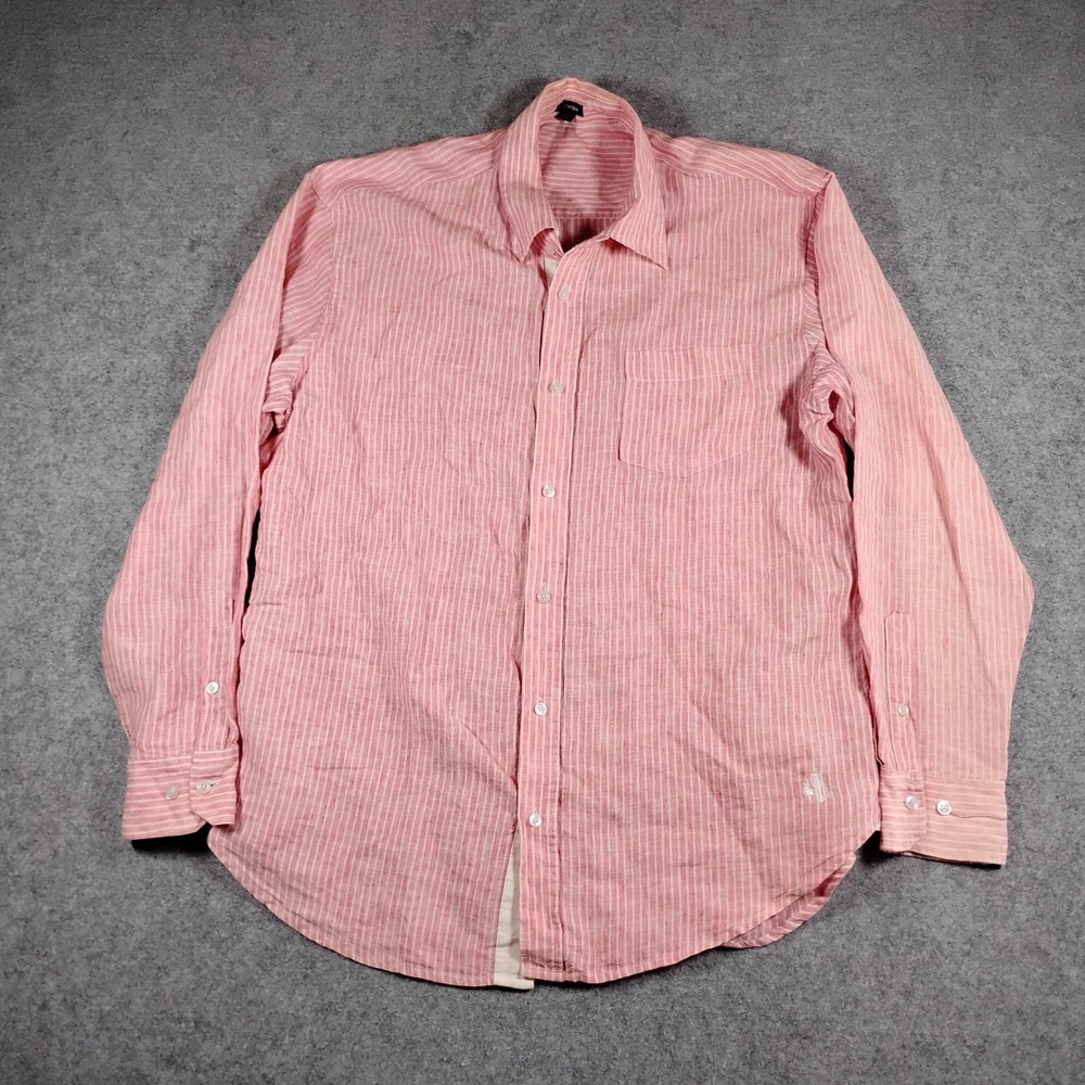 J. Peterman Mens Pink White Striped 100% Linen Long Sleeve Button Up Shirt Large